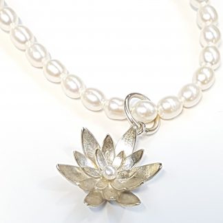Water lily- Freshwater pearl necklace with sterling silver flower pendant